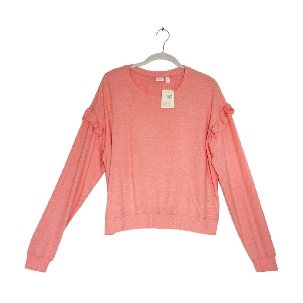 Make + Model Women's Crew Neck Ruffle Sleeve Sweater in Coral Peach  Sz S - NWT